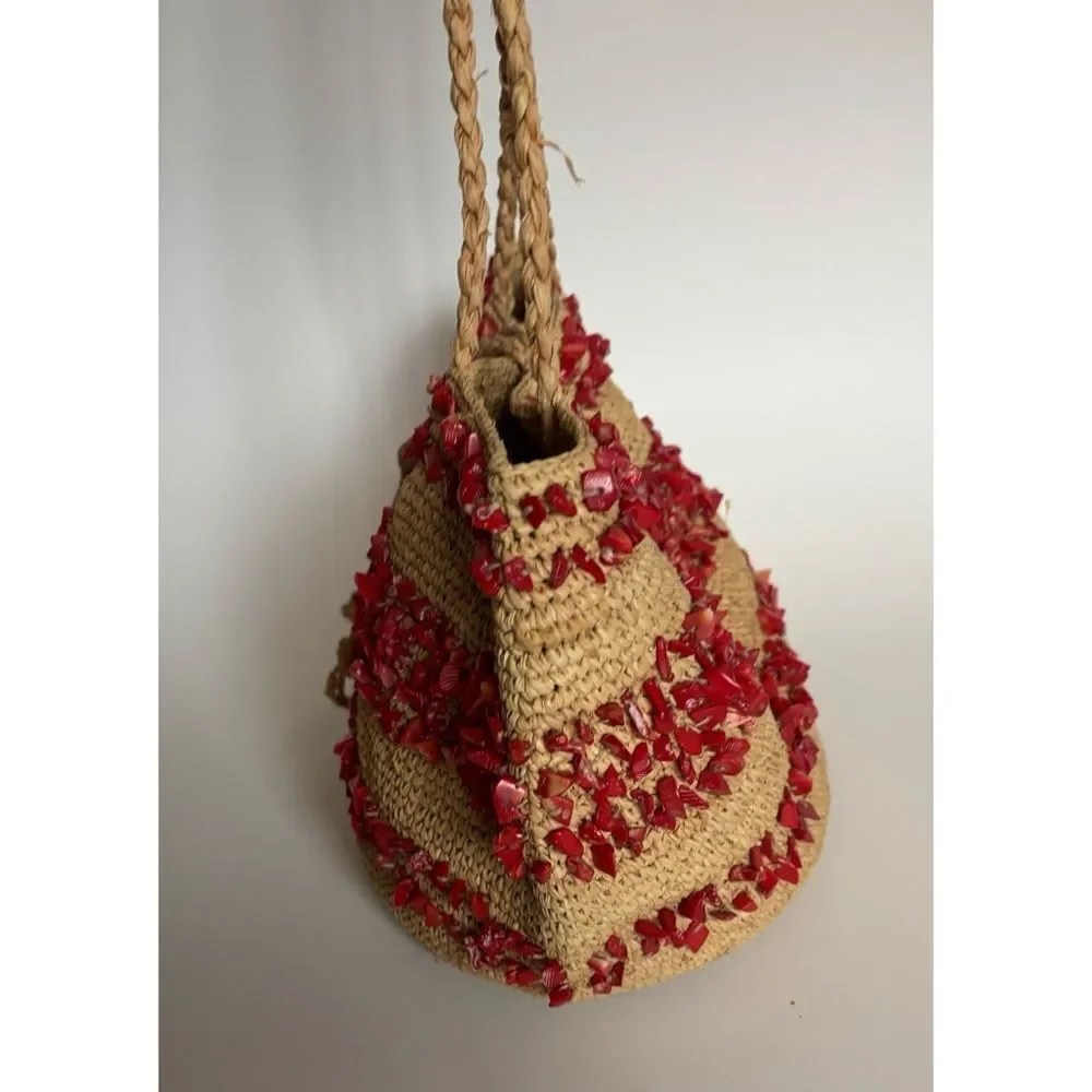 Vintage 80’s J. Crew Straw Hobo Bag with Natural Coral Stones ~ Excellent